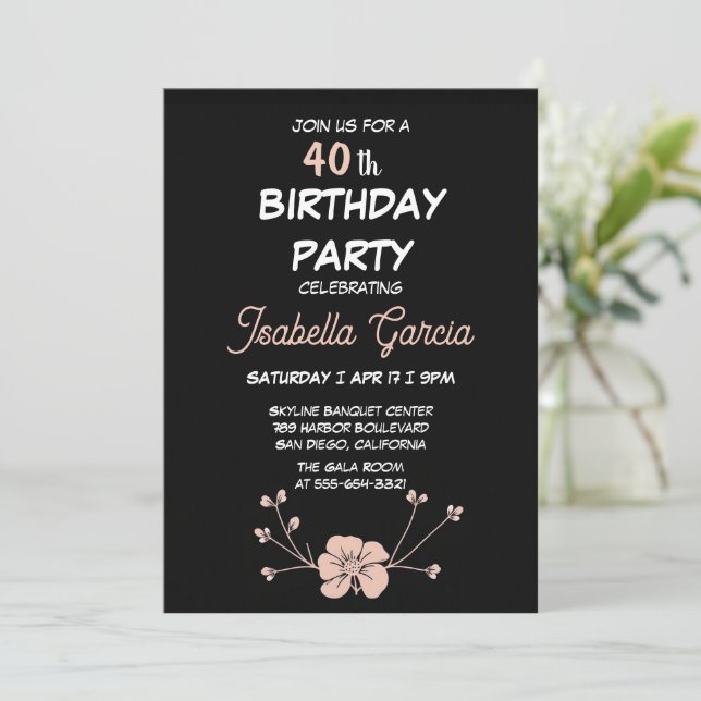 Black Dark Floral Birthday Invitation  (Debout devant)