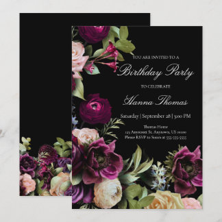 Black Dark Moody Elegant Floral Geburtstagsparty Einladung