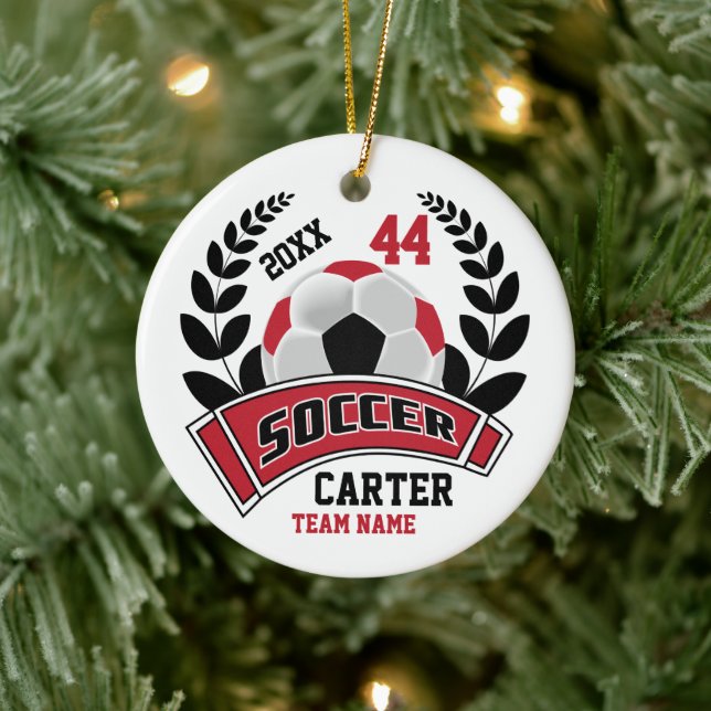 Black, Dark Red and White Personalize Soccer  ⚽ Keramik Ornament (Baum)