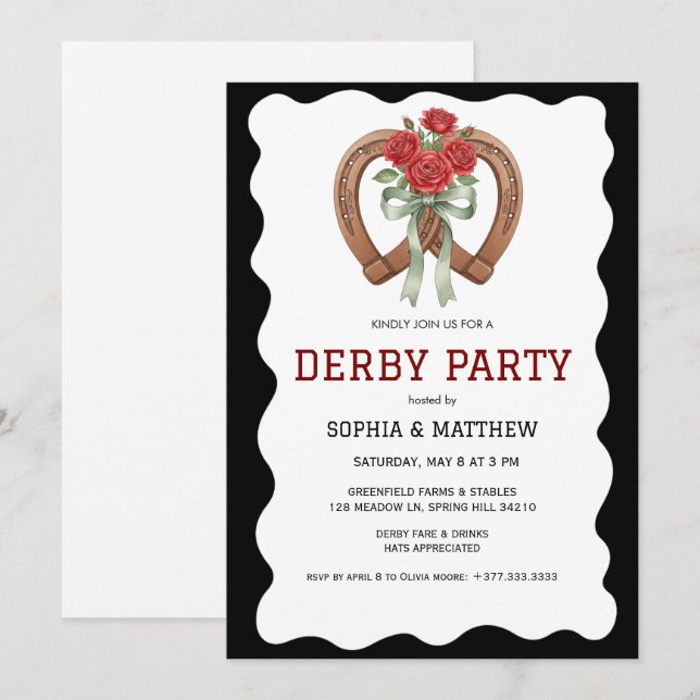 Black Derby Party Invitation Elegant Horseshoe Einladung (Vorne/Hinten)