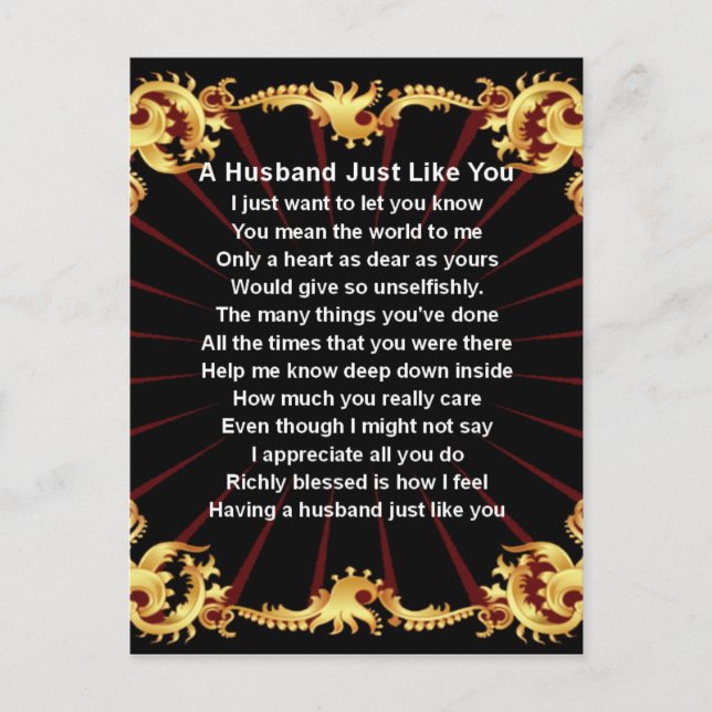 Black Design Husband Gedicht Postkarte (Vorderseite)
