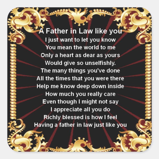 Black Design Vater in Law Gedicht Quadratischer Aufkleber (Vorderseite)