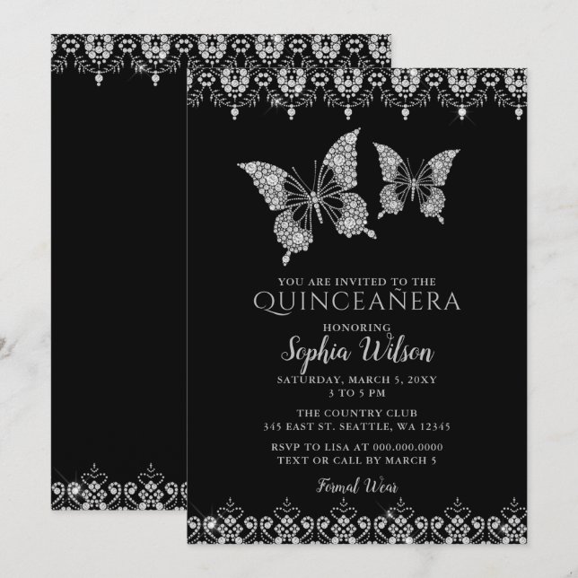 Black Diamante Lace Butterfys Quinceañera Einladung (Vorne/Hinten)