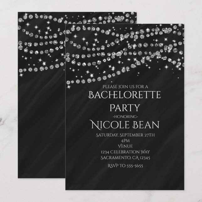 Black & Diamond Glamour Sparkle Party Einladungen (Vorne/Hinten)