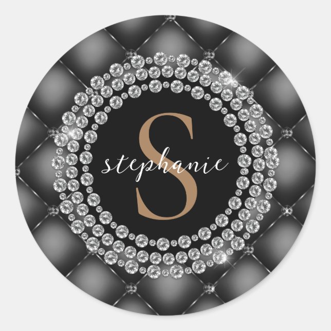 Black Diamonds Gold Monogram Elegant Tufted Luxury Runder Aufkleber (Vorderseite)
