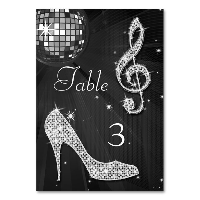 Black Disco Ball und Stiletto Shoe doppelseitig Tischnummer (Vorderseite)
