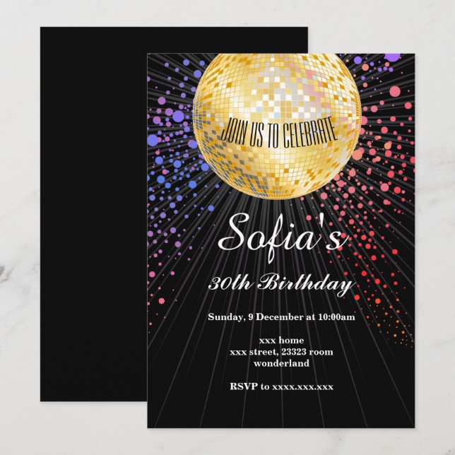 BLACK, Disco-Party, 70er Jahre, Tanz-Party Einladung (Vorne/Hinten)