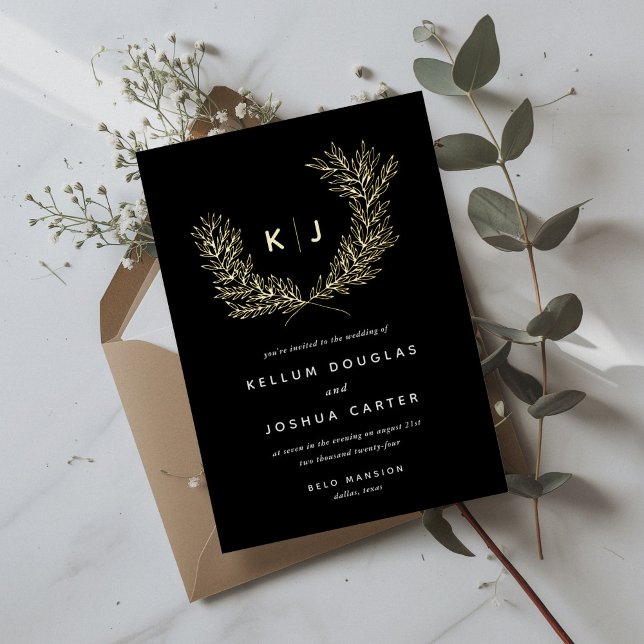 Black Distinguished Monogram Wedding Gold Folieneinladung (Black distinguished monogram laurels gold foiled wedding invitations.)