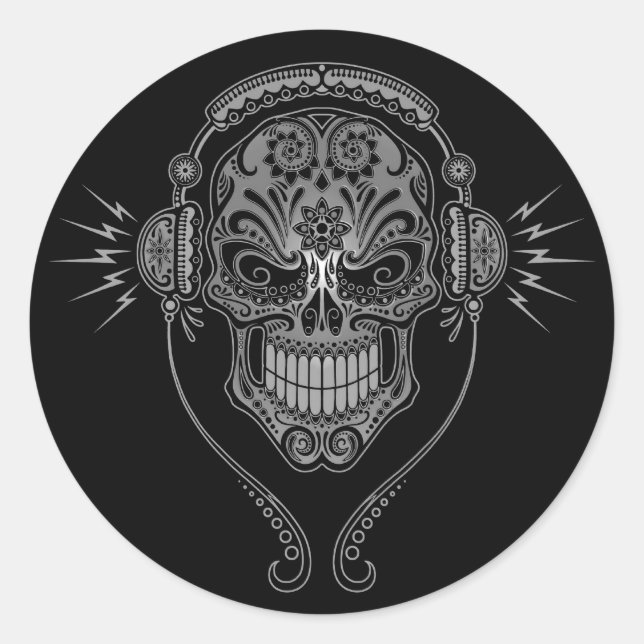 Black DJ Sugar Skull Runder Aufkleber (Vorderseite)