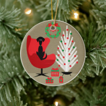 Black Dog in Mid Century Christmas Room