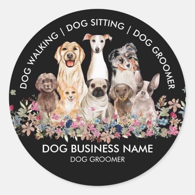 Black Dog Walker Groomer Pet Services Runder Aufkleber (Vorderseite)