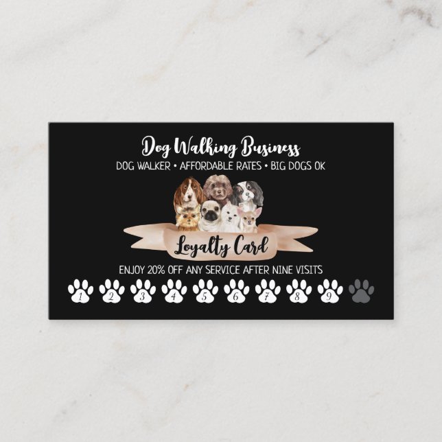 Black Dog Walker Loyalty Discount Paw Visitenkarte (Vorderseite)