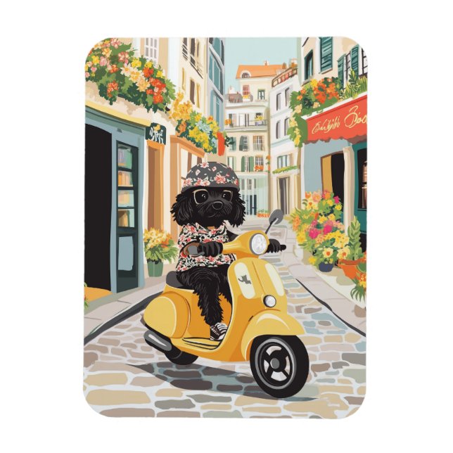 Black Doodle Riding Scooter European City Streets Magnet (Vertikal)