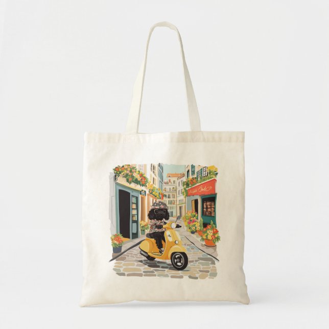 Black Doodle Riding Scooter European City Streets Tragetasche (Vorne)