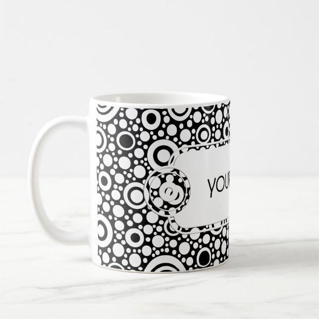 Black Dots & Circles Grid + Ihr Backgr. & Text Kaffeetasse (Links)
