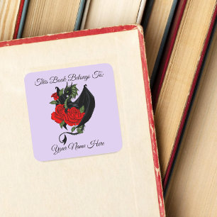 Black Dragon Rote Rosen Lavender Buchzeichen Quadratischer Aufkleber