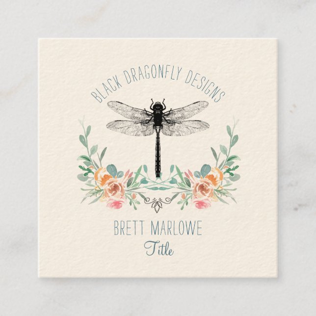 Black Dragonfly Floral Square Business Card Quadratische Visitenkarte (Vorderseite)