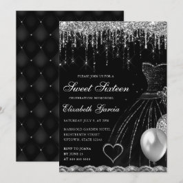 Black Dress and Silver Dripping Glitzer Sweet 16 Einladung