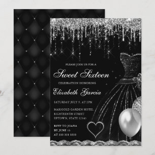 Black Dress and Silver Dripping Glitzer Sweet 16 Einladung