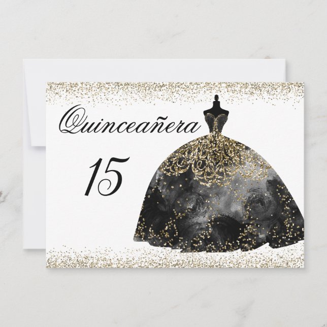 Black Dress Gold Glitzer Quinceanera Einladung (Vorderseite)