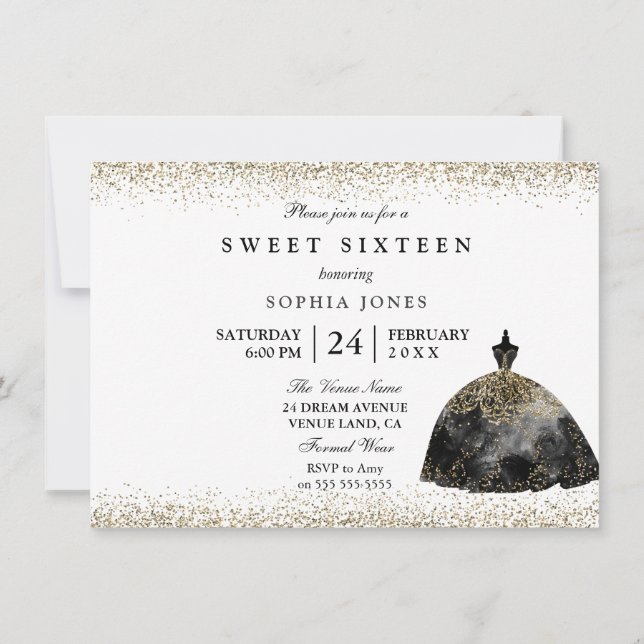 Black Dress Gold Glitzer Sweet 16 Einladung (Rückseite)