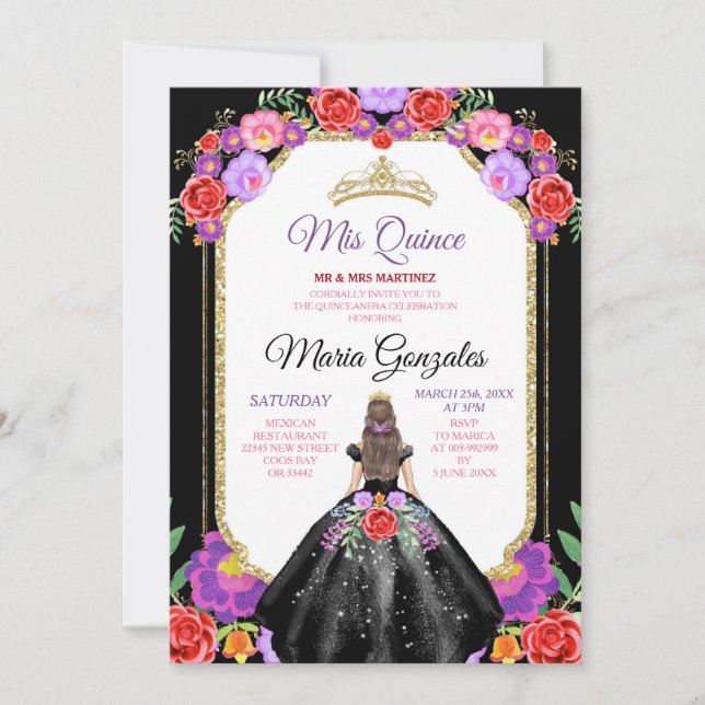 Black Dress Mis Quince 15 Anos Mexican Floral Gold Einladung (Vorderseite)