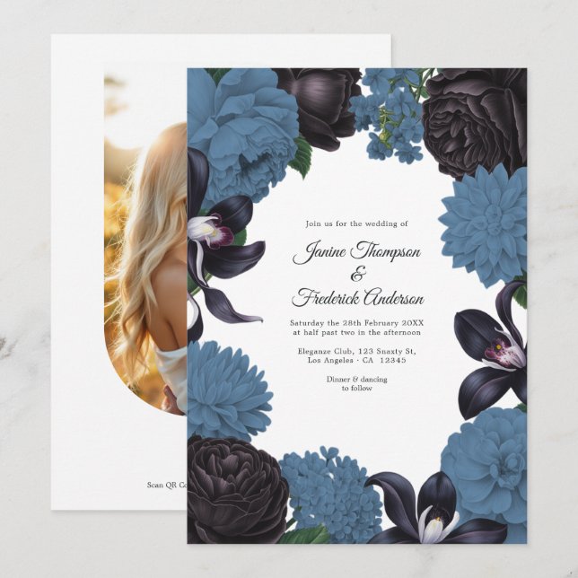 Black & Dusty Blue Photo/QR Code Floral Wedding Einladung (Vorne/Hinten)