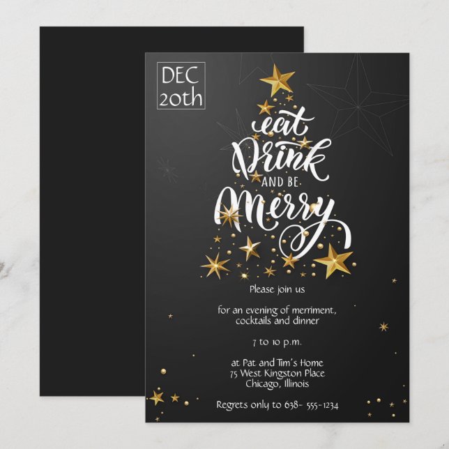 Black Eat, Drink & be Frohe Weihnachts-Party Einladung (Vorne/Hinten)