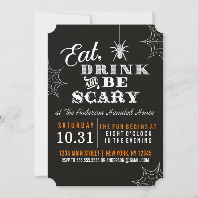 Black Eat Drink und Beängstigendes Halloween-Party Einladung (Vorderseite)