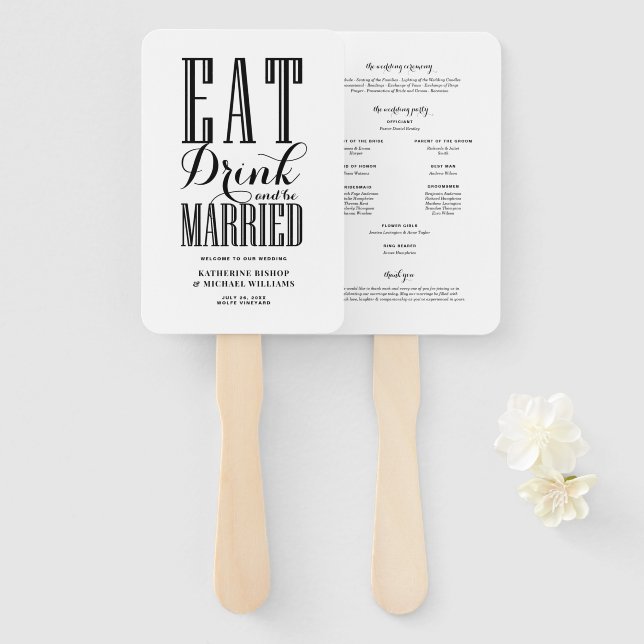 Black Eat Drink und Sei Verheiratet Hochzeitsprogr Fächer (Vorne und Hinten)