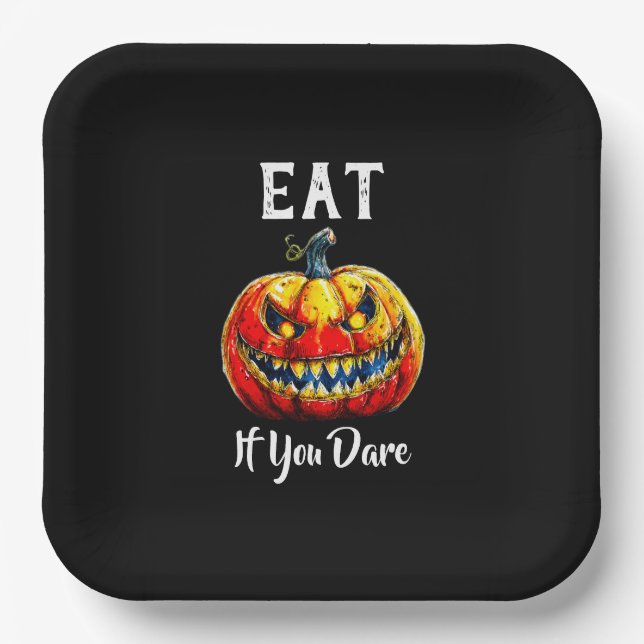 Black Eat if you dare Halloween Smiling Pumpkin Pappteller (Vorderseite)