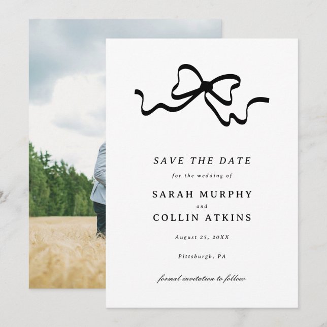Black Elegant Bow Save the Date Einladung (Vorne/Hinten)