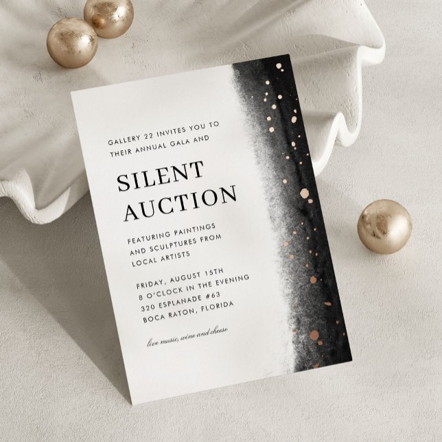 Black Elegant Brush Stroke Gala & Silent Auction Folieneinladung (black, white and gold foil elegant gala night and silent auction invitation)