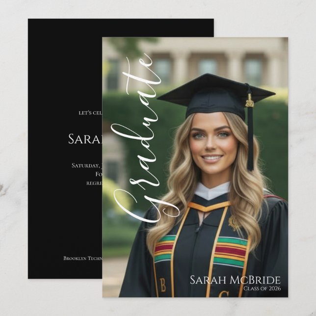 Black Elegant Classic One Photo Graduation Einladung (Vorne/Hinten)
