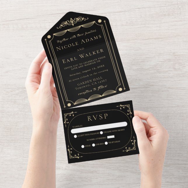 Black Elegant Deko Gold Retro Wedding All In One Einladung (Abreißen)