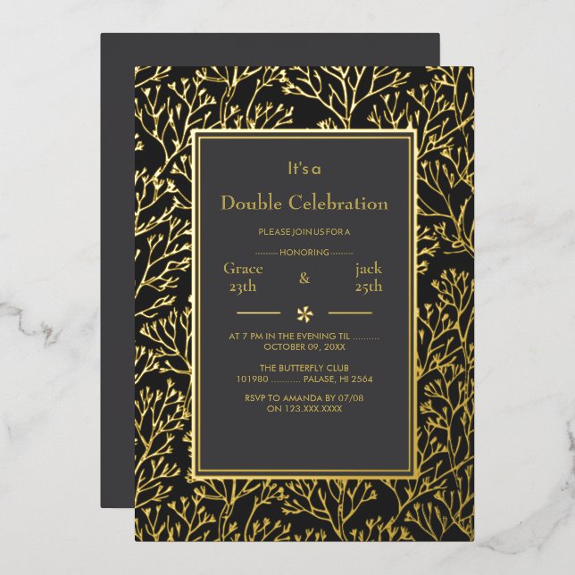 Black Elegant Double Celebration Birthday Folieneinladung (Vorderseite/Rückseite)