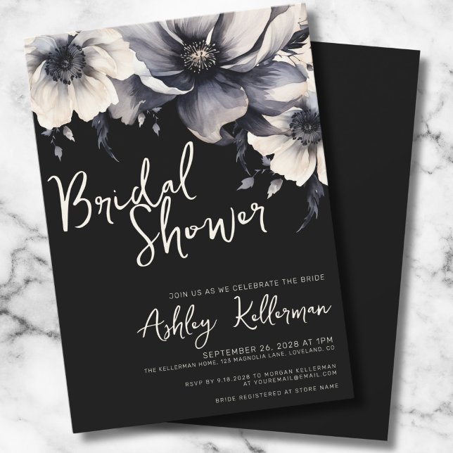 Black Elegant Floral Brautparty Einladung (Chic Elegant Floral Black White Bridal Shower Invitation)