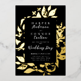 Black Elegant Floral Pressed Gold Hochzeit Folieneinladung