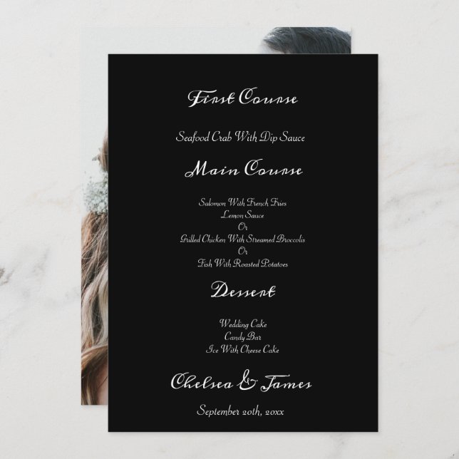 Black Elegant Foto Calligraphy Script Wedding Menükarte (Vorne/Hinten)