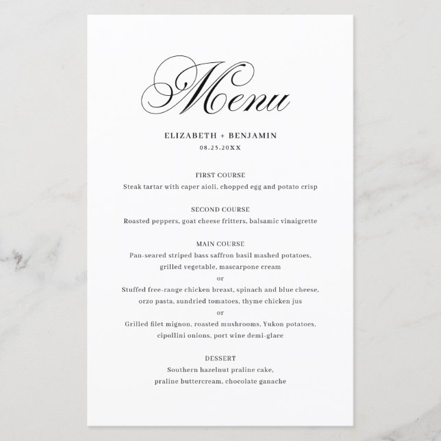 Black Elegant Geblüht Script Wedding Menu Card (Vorderseite)