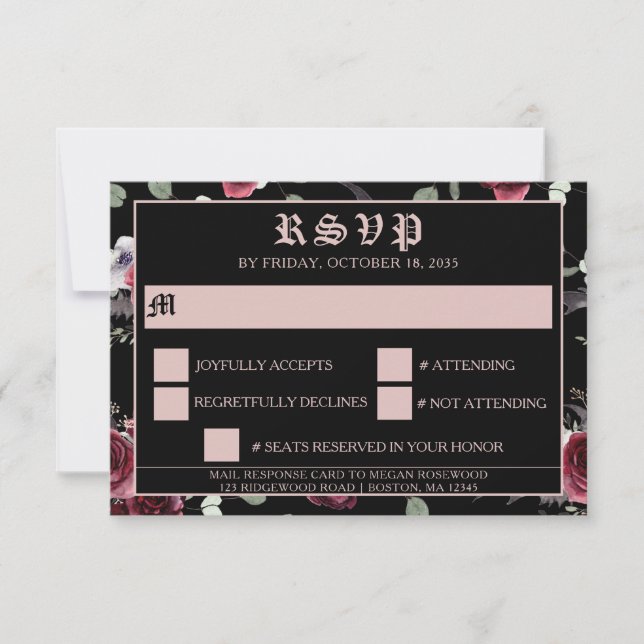 Black Elegant Gothic Bat und Rose RSVP Karte (Vorderseite)
