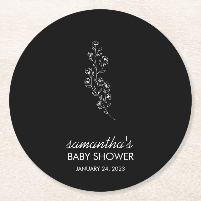 Black Elegant Handdrawn Sketch Flower Runder Pappuntersetzer (Vorderseite)