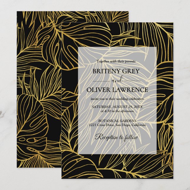 Black Elegant Minimal Leaf Hochzeit Einladung (Vorne/Hinten)