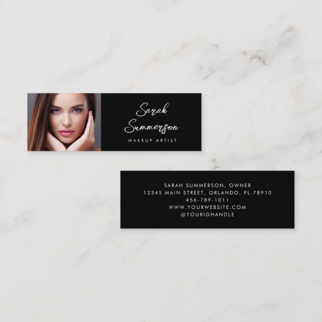 Black Elegant Minimal Photo Makeup Mini Visitenkarte (Vorne/Hinten)