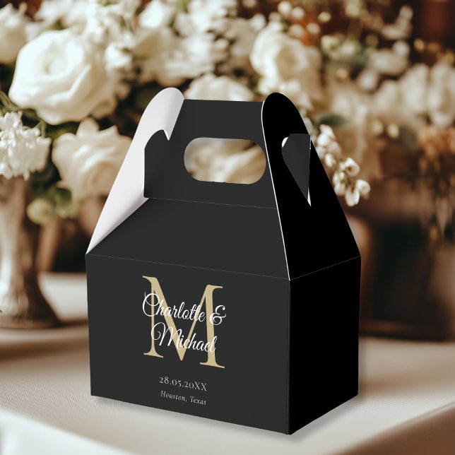 Black Elegant Monogram Wedding Geschenkschachtel (White Elegant Monogram Wedding Favor Boxes, black, beige, gold, with your name and date.)