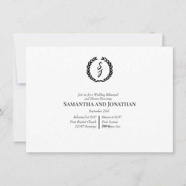 Black Elegant Monogram Wreath Wedding Rehearsal  Einladung (Vorderseite)