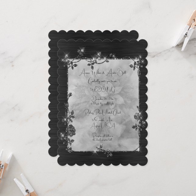 Black Elegant Sparkly Frame After Christmas Weddin Einladung (Vorderseite/Rückseite Beispiel)