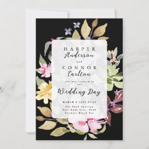 Black Elegant Watercolor Florals Wedding Einladung
