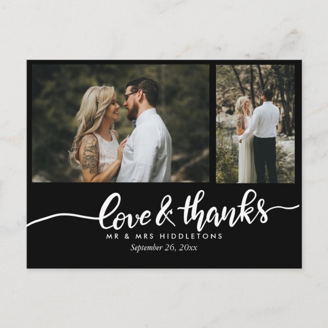 Black Elegant Wedding Liebe und Danke Script Postkarte (Vorderseite)