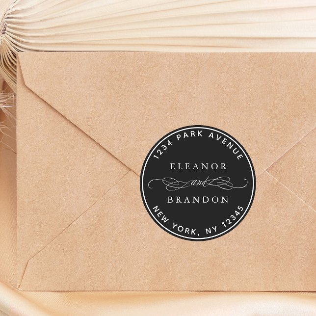 Black Elegant Wedding Rücksendeadresse Runder Aufkleber (Von Creator hochgeladen)